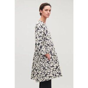 Cos Women's Cream Black Pebble Pattern Gathered Jacquard A-line Dress Size 12